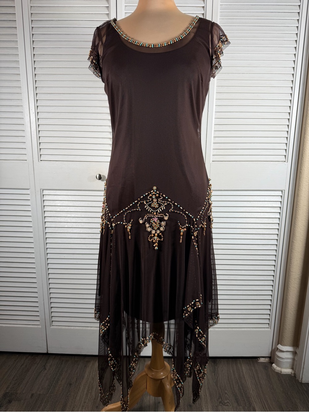 Brown Beaded Mesh Handkerchief Hem‎ Dress w Slip Overlay Boho Festival S/M